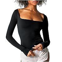 Women's Sexy Slim Crop Tops Long Sleeve Square Neck Seamless T-Shirts Trendy Underwear Plain Cropped Shirts
