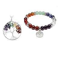 Jovivi Bundle - 2 Items 7 Chakra tree of life Crystal Necklace + 7 Chakras Yoga Meditation Healing Balancing Round Stone Beads Stretch Bracelet