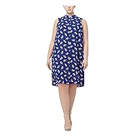 Anne Klein Womens Blue Printed Sleeveless Mandarin Collar Above The Knee Party Shift Dress Plus 3X