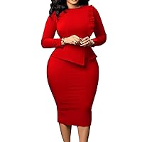 CHICTRY Womens Long Sleeve Bodycon Round Neck Midi Casual Dress Work Office Business Pencil Dress