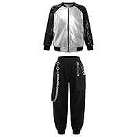 TiaoBug Kids Boys Girls Jazz Hip Hop Dance Costume Shiny Metallic Long Sleeves Bomber Jacket with Cargo Pants Set