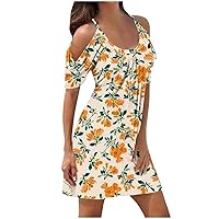 Beach Dresses for Women 2024 Vacation Tunic Dress Short Sleeve Cold Shoulder Casual T-Shirt Swing Beach Sundresses
