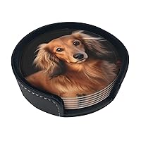 Long Haired Dachshund Print Coasters Drink Coasters Round Leather Coasters for Ceramic Cup Coffee Cup Home Bar Office Set of 6