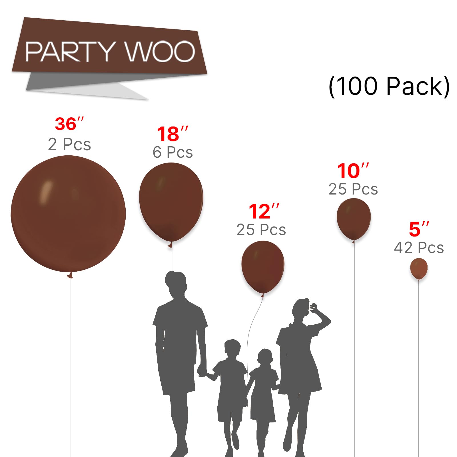 PartyWoo Chocolate Brown Balloons, 100 pcs Boho Brown Balloons Different Sizes Pack of 36 Inch 18 Inch 12 Inch 10 Inch 5 Inch Dark Brown Balloons for Balloon Garland as Party Decorations, Brown-F08