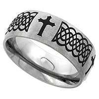 Sabrina Silver 8mm Titanium Wedding Band Celtic Knot Ring Domed with Crosses Brushed Finish Comfort Fit Sizes 7-14