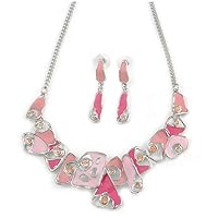 Avalaya Pink Enamel Crystal Geometric Necklace and Drop Earrings Set/Rhodium Plated/ 40cm L/ 7cm Ext