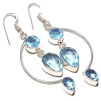 Best Design For Girls! Blue Topaz Quartz HANDMADE Jewelry Sterling Silver Plated Earring 2.5