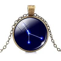 Galaxy Zodiac Necklace Twelve Constellation Sign Charm Glass Dome Pendant with Bronze Chain Necklace