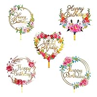 5 Pieces Gold Happy Birthday Cake Topper Acrylic Flower Cake Toppers Cupcake Toppers Birthday Party Wedding Supplies for Kids and Adults Various Cake Decorations
