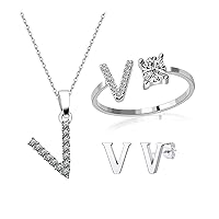 3 Pack Cubic Zirconia Alphabet Jewelry Sets Rings Pendant Necklace Earrings Studs for Women Girls silver