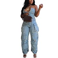 Voghtic Womens Sexy Off Shoulder Cargo Denim Jumpsuit Loose Baggy Wide Leg Long Rompers One Piece Cargo Jeans Multi Pockets