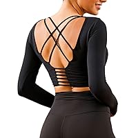 ECUPPER Women Long Sleeve Workout Tops Backless Yoga Gym Shirts Athletic Crop Top with Built in Bra for Fitness Sports