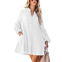 Uincloset Women's Fall Cotton Button Down Dresses Causal Long Sleeve V Neck Tunic Dress with Pockets