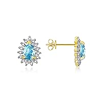 Yellow Gold Plated Halo Stud Earrings - 6X4MM Pear Shape Gemstone & Diamonds - Exquisite Birthstone Jewelry for Women & Girls