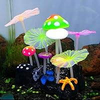 Glowing Effect Artificial Silicone Plant Lotus Flower with Leaves Mushrooms for Fish Tank Decoration Aquarium Ornament, 4Lotus Leaves&5Mushrooms