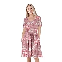 Women's Short Sleeve Empire Knee Length Dress with Pockets Pink Floral Print