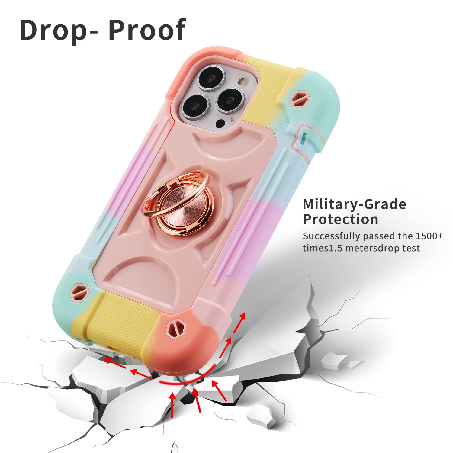MARKILL Compatible with iPhone 13 Pro Max Case 6.7 Inch with Ring Stand, Heavy-Duty Military Grade Shockproof Phone Cover with Magnetic Car Mount for iPhone 13 Pro Max. (Rainbow Pink)