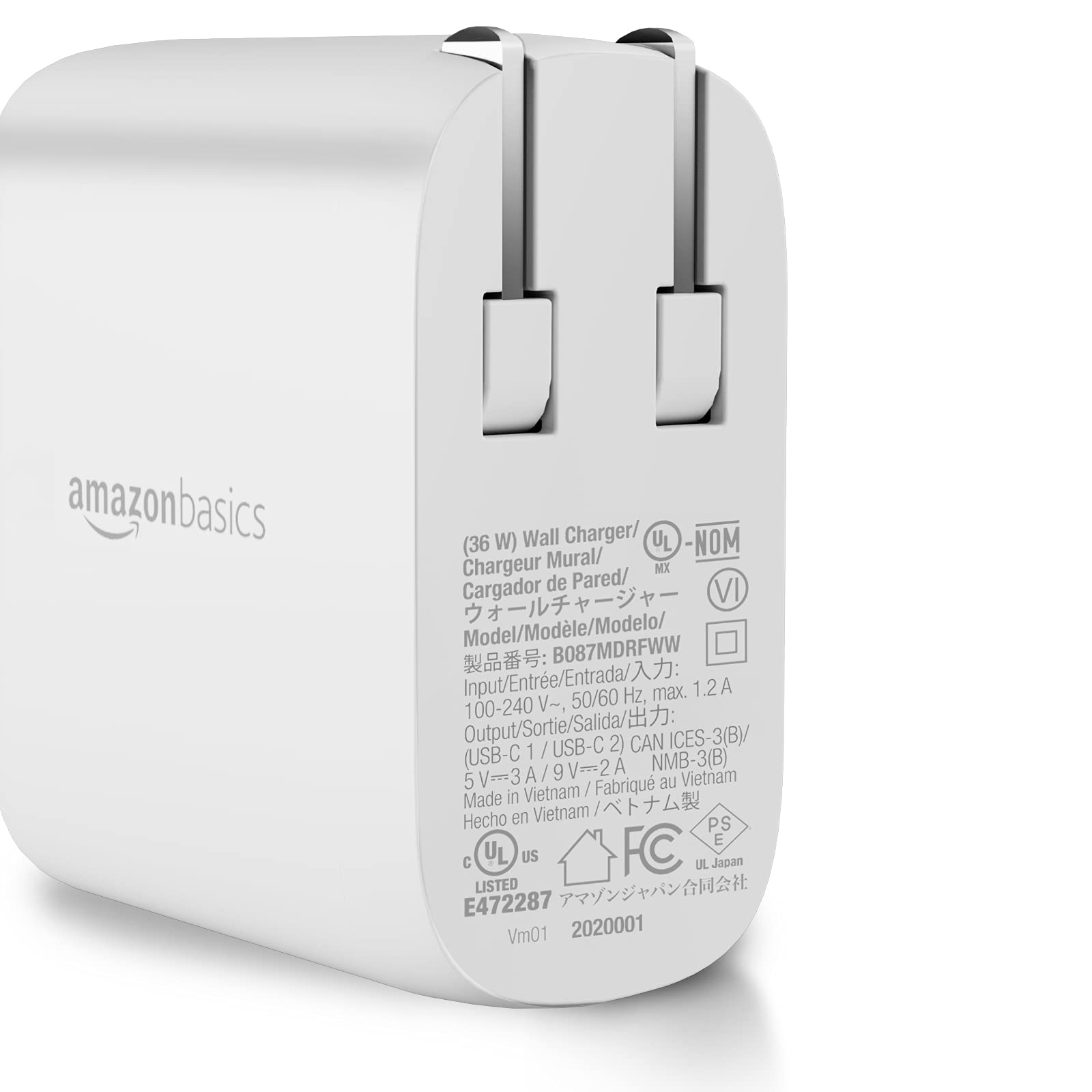 Amazon Basics 36W Two-Port USB-C Wall Charger With Power Delivery PD For Tablets & Phones (iPhone 14/13/12/11/X,iPad,Samsung), White (non-PPS), 2.34 in x 1.09 in x 2.21 in