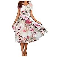 Summer Dresses, 2024 Floral Boho Wrap V Neck Short Sleeve Belted Ruffle Hem A-Line Flowy Midi Dresses Women's Casual Plus Size Dresses Cotton Cute Mini Dress Short Midi (L, Pink)