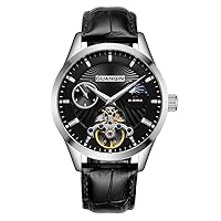 Guanqin Men's Moon Phase Skeleton Watches Analogue Automatic Self-Winding Mechanical Watch with Leather Strap