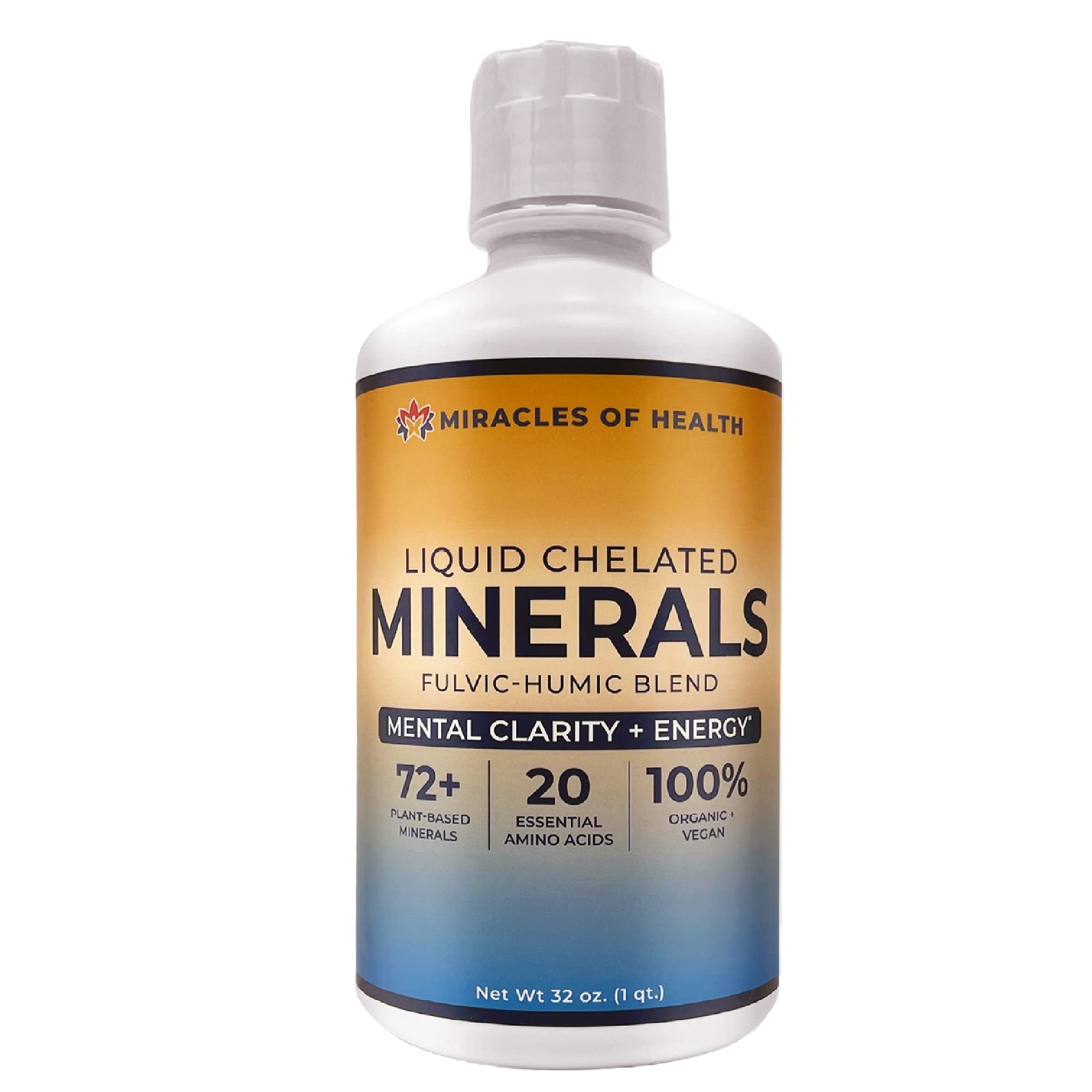 Miracles of Health Liquid Chelated Minerals, 72+ Organic Minerals, 20 Essential Amino Acids | Plant Derived, Humic Fulvic Blend, Essential Major and Minor Trace Minerals | Fast absorption, Energy, Focus | 32 oz bottle - 1 Month Supply