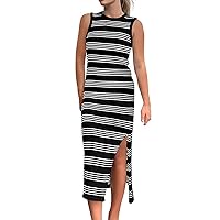 Womens Summer Bodycon Sundresses Casual Sleeveless Knit Side Slit Striped Tank Midi Dress Vacation Fashion Club Dress