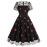 IBTOM CASTLE Women's 1950s Vintage Dress Short Sleeve Heart Print Mesh Retro Evening Prom Cocktail Party Swing A Line Dress