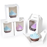 Cupcake Boxes 100pcs, Individual Cupcake Carrier White with Window Insert and Handle Pastry Containers Single Muffins Container for Bakery Wrapping Party Favor Packing
