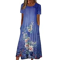Short Sleeve Dress Womens Summer Round Neck Basic Dresses Floral Print 2024 Loose Ladies Pocket Daily Midi Dresses