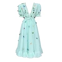 Tulle 3D Butterfly Prom Dress V Neck Puffy Sleeves Homecoming Dress Sexy Backless A-Line Midi Cocktail Dress