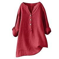 Womens Linen Tops Long Sleeve Fall Blouse Solid Button Down Henley Shirts Plus Sise Tunic Causal Ladies Outfits