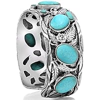 VY JEWELRY LEAVES CUFF - Handmade 925 Sterling Silver Wide Bracelet with Genuine Blue Opal or Turquoise Stones