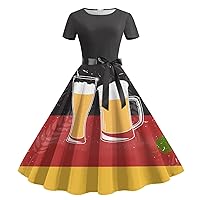 Women Vintage 1950s Dress Beer Print Oktoberfest Dress Short Sleeve Rockabilly Swing 50s Pinup A-Line Cocktail Dress