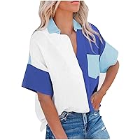 Women Button Down Back Fashion Color Block T-Shirts Summer Short Sleeve Lapel Blouses Casual Loose Cotton Tunic Tops
