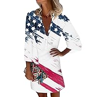 Patriotic Outfits for Women Patriotic Dress for Women Sexy Casual Vintage Print with 3/4 Length Sleeve Deep V Neck Independence Day Dresses Light Blue 3X-Large
