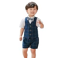 Boys Suit Set 4-Piece Formal Suit Shorts Boy Short Sleeve Shirts Vest and Shorts Outfits Set with Tie Bow