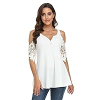 Dilgul Women's Sexy Cold Shoulder Lace Tunic Tops Low Cut V Neck Short Sleeve Shirts Casual Blouses with Zipper White M