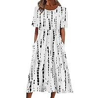 Rvidbe Maxi Dress for Women Summer, Women's Boho Short Sleeve V-Neck Pocket Dress Casual Print Long Dress Spring Dresses