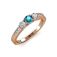 London Blue Topaz & Diamond Milgrain Work 3 Stone Ring with Side Diamond 0.85 ctw 14K Rose Gold