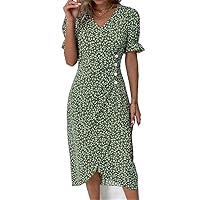 Autumn Floral Midi Dress for Women Neck Long Sleeve Ruched Slim Fit Dresses Female Sexy Robe