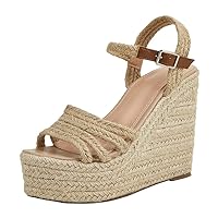 Espadrilles Wedges for Women Round Toe Ankle Strap Buckle Cute Comfortable Womens Summer Shoes