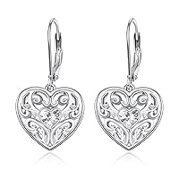 Heart Earrings Leverback Dangle Hoop Earrings Birthstone Hook Earring for Women Fashion 925 Sterling Silver Hypoallergenic Jewelry