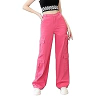 OYOANGLE Girl's Elastic Waist Flap Pocket Jean Cargo Pants Y2k Streetwear Baggy Denim Trousers