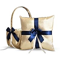 Gold & Navy Blue Wedding Ring Bearer Pillow and Flower Girl Basket Set – Satin &Ribbons – Pairs Well with Most Dresses & Themes – Splendour Every Wedding Deserves