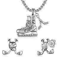 Hockey Necklace and Hockey Earrings 925 Sterling Silver Hockey Sport Jewelry Gift for Men Women