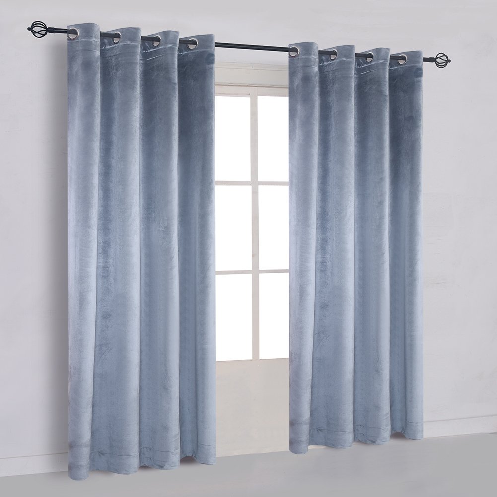 Super Soft Luxury Velvet Stone Blue Set of 2 Blackout Drapes Room Darkening Curtains Panel Grommet Drapery 52 by 84-Inch Dusty Blue(2 Panels) with ...