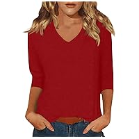 3/4 Sleeve Tops for Women V Neck Solid Color Loose Fit Tunic Blouse 2024 Summer Trendy Basic Shirts