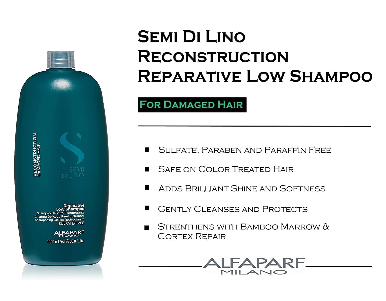 Alfaparf Milano Semi di Lino Reconstruction Reparative Shampoo for Damaged Hair - Sulfate and Paraffin Free - Safe on Color Treated Hair - Vegan Formula - Professional Hair Repair