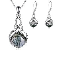 YAFEINI Moss Agate Necklace and Earrings Jewelry Set Sterling Silver Irish Celtic Filigree Teardrop Jewelry Gifts