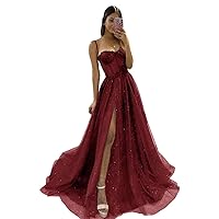 Women's Glitter Tulle Prom Dresses Long 2023 Spaghetti Straps Sweetheart Formal Evening Party Gowns with Slit